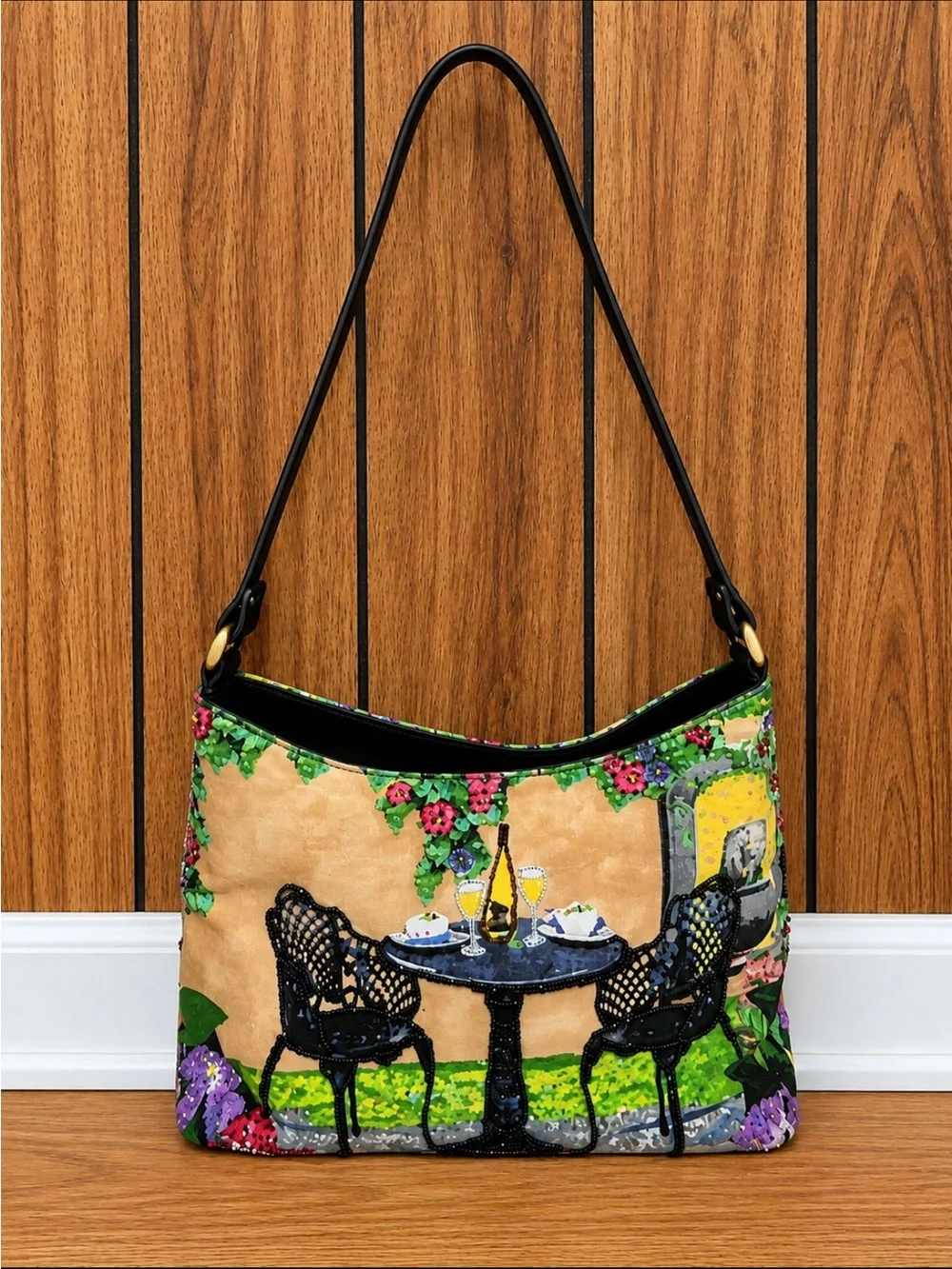 Hand-Painted Garden Café Shoulder Bag - Black Strap, Multi-Color Artwork